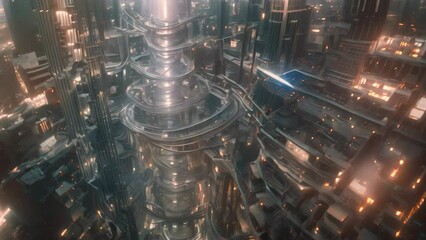 Poster - a sprawling futuristic city at night, lit up with a multitude of vibrant lights and neon colors, a m