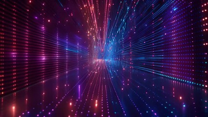 Poster - Colorful lines and dots form a tunnel in a dark room, resembling a matrix-like grid of numbers and symbols, a matrix-like grid of numbers and symbols forming a digital masterpiece