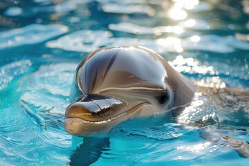 Sticker - Closeup of a playful dolphin with a smile, glistening in the sunlight on a clear blue sea surface