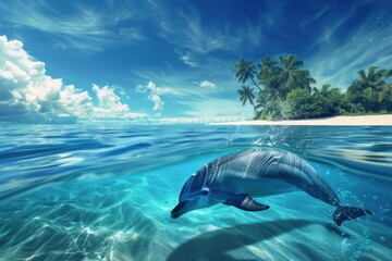 Majestic dolphin jumps in crystalclear waters near a lush tropical island under blue skies