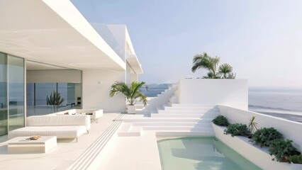 Wall Mural - A white house with a pool overlooking the ocean on a sunny day, A minimalist, all-white beach house with a rooftop terrace
