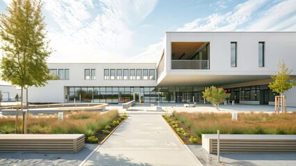 Poster - A minimalist school building with clean lines and numerous windows, A minimalist school building with clean lines and neutral color palette