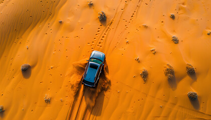 Sticker - car moves through deep sand in the desert top view