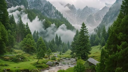 Canvas Print - A stream meandering through a dense green forest with trees and vegetation, A misty mountain range shrouded in fog with a gentle stream running through the valley