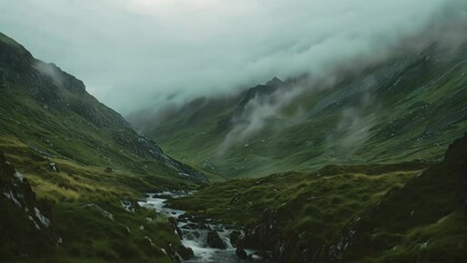 Poster - A stream winds its way through a vibrant green valley surrounded by misty mountains, A misty mountain range shrouded in fog with a gentle stream running through the valley