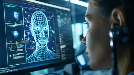 Poster - Face recognition software on a computer screen in a tech environment. Represents biometric authentication, cyber security, and advanced technology.
