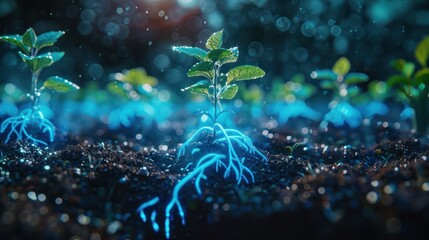 Young plants with illuminated roots growing in soil, symbolizing organic growth, development, and the nurturing of nature in a vibrant ecosystem.