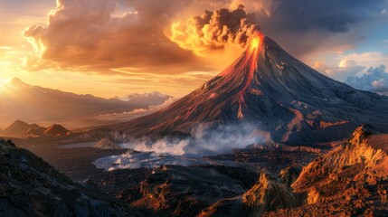 Majestic view of an active volcano towering over a vast expanse of wilderness, a testament to the raw power and beauty of Earth's natural forces