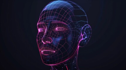 Poster - Digital rendering of a futuristic AI face with glowing neon gridlines. Emphasizes advanced facial recognition technology and digital identity.