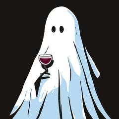 cartoon ink brush illustration of a bright, clean white ghost standing at a dinner party with a glas