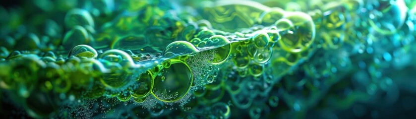 Close-up of vibrant green underwater bubbles and algae showcasing the wonders of aquatic life captured in stunning detail.