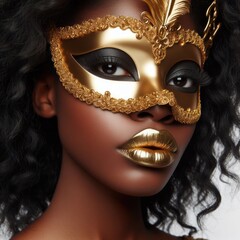 woman wearing a golden carnival mask isolated on white background