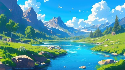 Wall Mural - A picturesque mountain river flows in isolation its crystal clear waters coursing swiftly through a stunning mountain backdrop in this vibrant 2d illustration