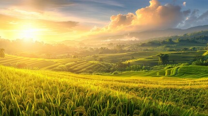 Poster - Panoramic view of a rural landscape with rice fields basking in the warm glow of sunset, evoking a sense of tranquility and pastoral beauty