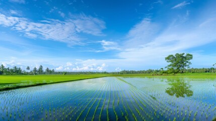 Poster - Panoramic view of rice paddies flooded with water, reflecting the blue sky above and creating a serene and picturesque agricultural landscape