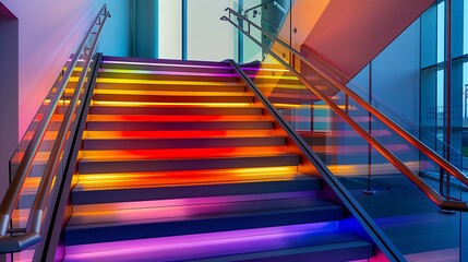 Wall Mural - a modern staircase with a handrail that doubles as an interactive art installation, changing colors 