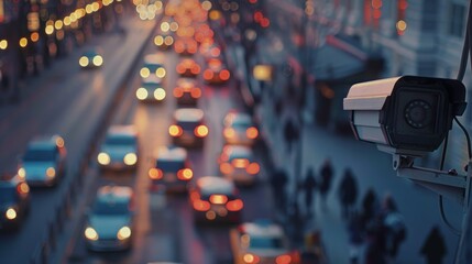 Aufkleber - Surveillance camera monitoring busy city street with traffic and pedestrians. Urban security and monitoring technology.
