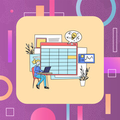 Poster - Young office employee sitting in office and using computer laptop. Fat vector illustration. Graphs, timetable on background. Work, occupation, technology concept for banner, web design, landing page