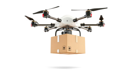 Box carried by a drone on transparent background