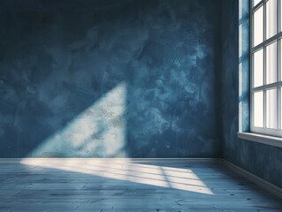 Wall Mural - A blue room with a window and a white wall. The room is empty and has a very clean and simple design