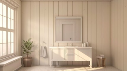 Wall Mural - A bathroom with a white sink and a mirror. There is a potted plant in the bathroom and a stool next to the sink