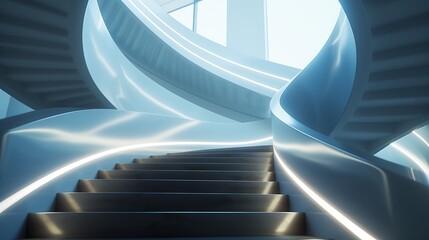 Wall Mural - a modern staircase with a handrail that appears to be a continuous ribbon of light, weaving its way 