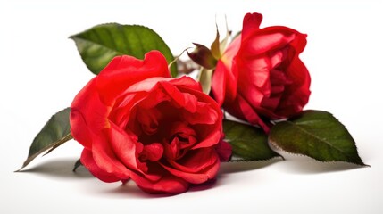 Wall Mural - Vibrant Red Roses on White Background Highlighting Fresh Green Leaves and Detailed Petals Perfect for Floral Arrangements or Romantic Occasions