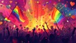 © Photo Ground - A vibrant LGBTQ banner illustration, featuring an array of colorful pride flags, hearts, and stars, with a diverse crowd of people in the foreground celebrating love and unity. Rainbow colors