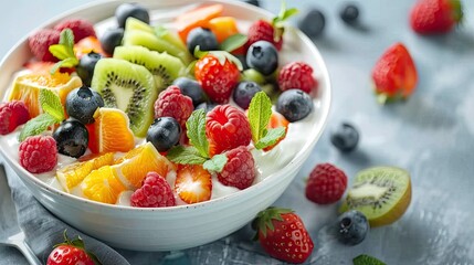 Wall Mural - Delicious fruit salad with yogurt on a table