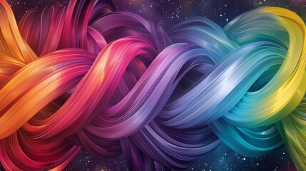 An abstract wallpaper featuring interwoven rainbow ribbons forming intricate patterns, with fluid gradients blending between colors. The background is a deep, cosmic black with tiny white stars