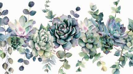 Wall Mural - Succulent And Floral Background. Watercolor Hand Painted Bouquet of Green, Violet, Pink Cacti and Eucalyptus Leaves for Design, Print