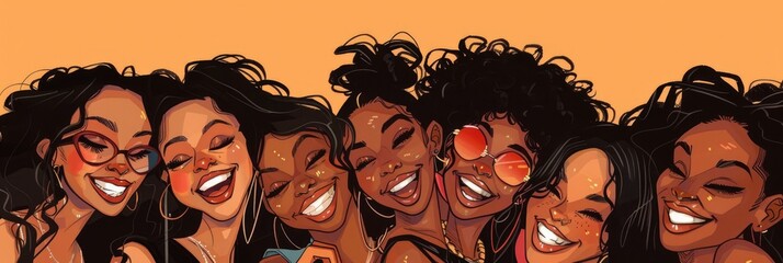 Black Women Group. Together and Happy African Female Cartoon Characters