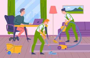 Sticker - Cartoon Color Scene Characters Cleaner and Man Working on Computer Concept Flat Design Style. Vector illustration