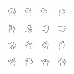 Poster - cat paws with different hand gestures signs black thin line icon set. vector illustration of icons