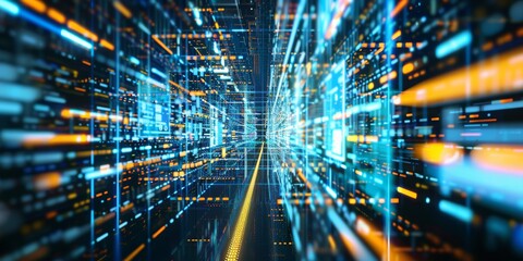 Fototapete - Futuristic digital network with glowing data streams, representing the flow and connection of information in cyberspace, highlighting the importance of technology, Generative AI
