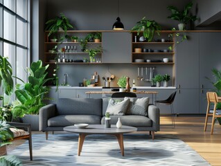 Wall Mural - A modern living room with a grey couch, coffee table, and a potted plant. The room has a minimalist and clean look, with a focus on greenery and natural elements