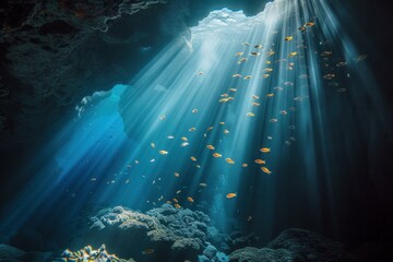 Sticker - Sunbeams shine through the water revealing a serene aquatic scene with schools of fish