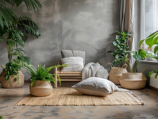 Wall Mural - A room with a grey wall and a large plant in the corner. There are several potted plants and a rug on the floor. A chair is placed in the middle of the room with pillows on it