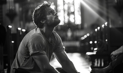 Grayscale image of man praying on his knees in a church, signifying faith, spirituality, and introspection, with blurred bench background and dramatic sunlight, conveying solemn and contemplative mood