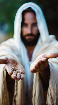 Closeup of Jesus Christ Reaching Out with Open Hands - Spiritual, Compassionate Gesture in Blurred Background