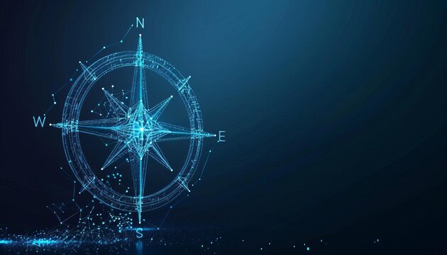 Abstract digital compass illustration on dark blue background, symbolizing navigation, direction, and technology.