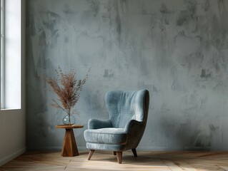 Wall Mural - A blue chair sits in front of a window with a vase of flowers on a table. The room has a modern and minimalist design, with a grey wall and wooden floor. The chair and table create a cozy