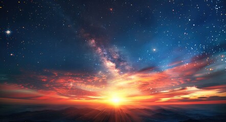 Wall Mural - Sunset With Stars. Orange Sunset Sky and Red Clouds Against Bright Starry Universe Background