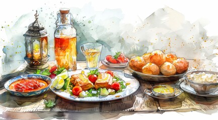 Wall Mural - Traditional meal for iftar in time of Ramadan after the fast has been broken, white background, watercolor style. Digital illustration 