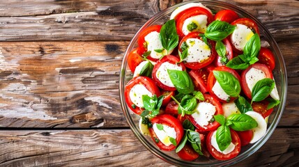 Fresh caprese salad with tomatoes mozzarella and basil on rustic wooden table. Italian cuisine, light meal, healthy eating concept. Copy space