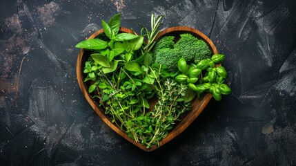 Heart-shaped wooden bowl with fresh green herbs and broccoli. Natural, healthy eating, vegetable, organic concept. Dark textured background