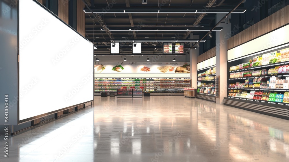 Flat lay mockup with blank white screen hanging in a supermarket or ...