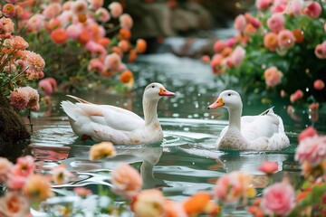 Canvas Print - Two white ducks glide gracefully on a pond surrounded by blooming flowers