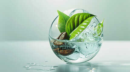 a green tea leaf and coffee bean in an water sphere, ice