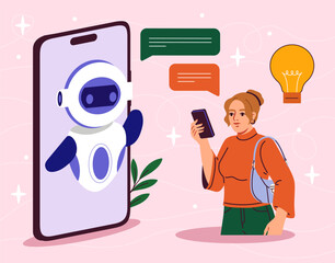 Poster - woman with robot answering machine. young girl talking to artificial intelligence. virtual helper an